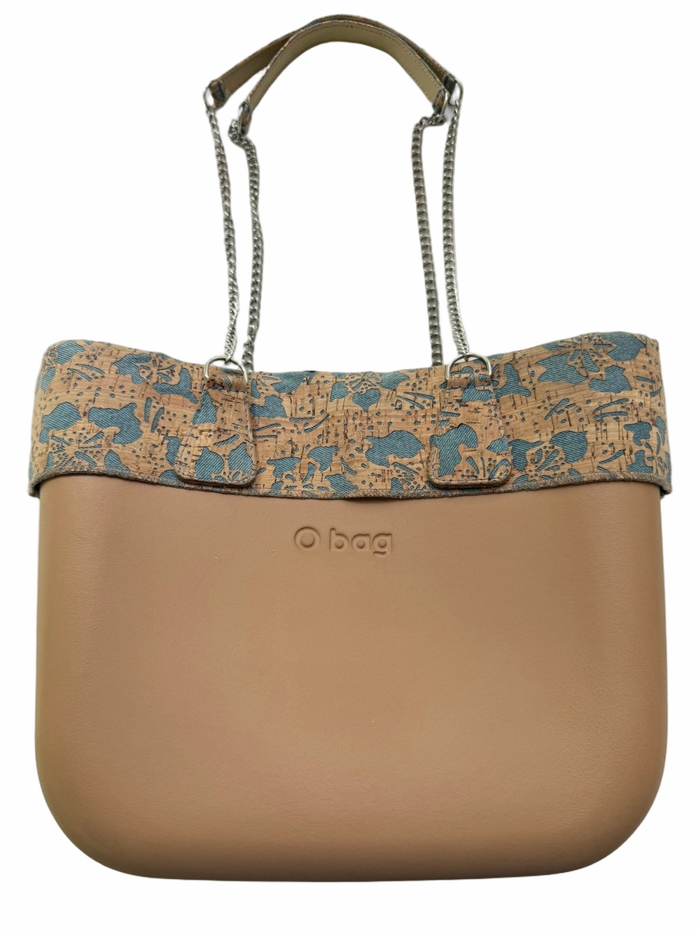 O Bag Tan Nude Tote Purse With Fabric Trim Chain Handles Shoulder Bag Italy